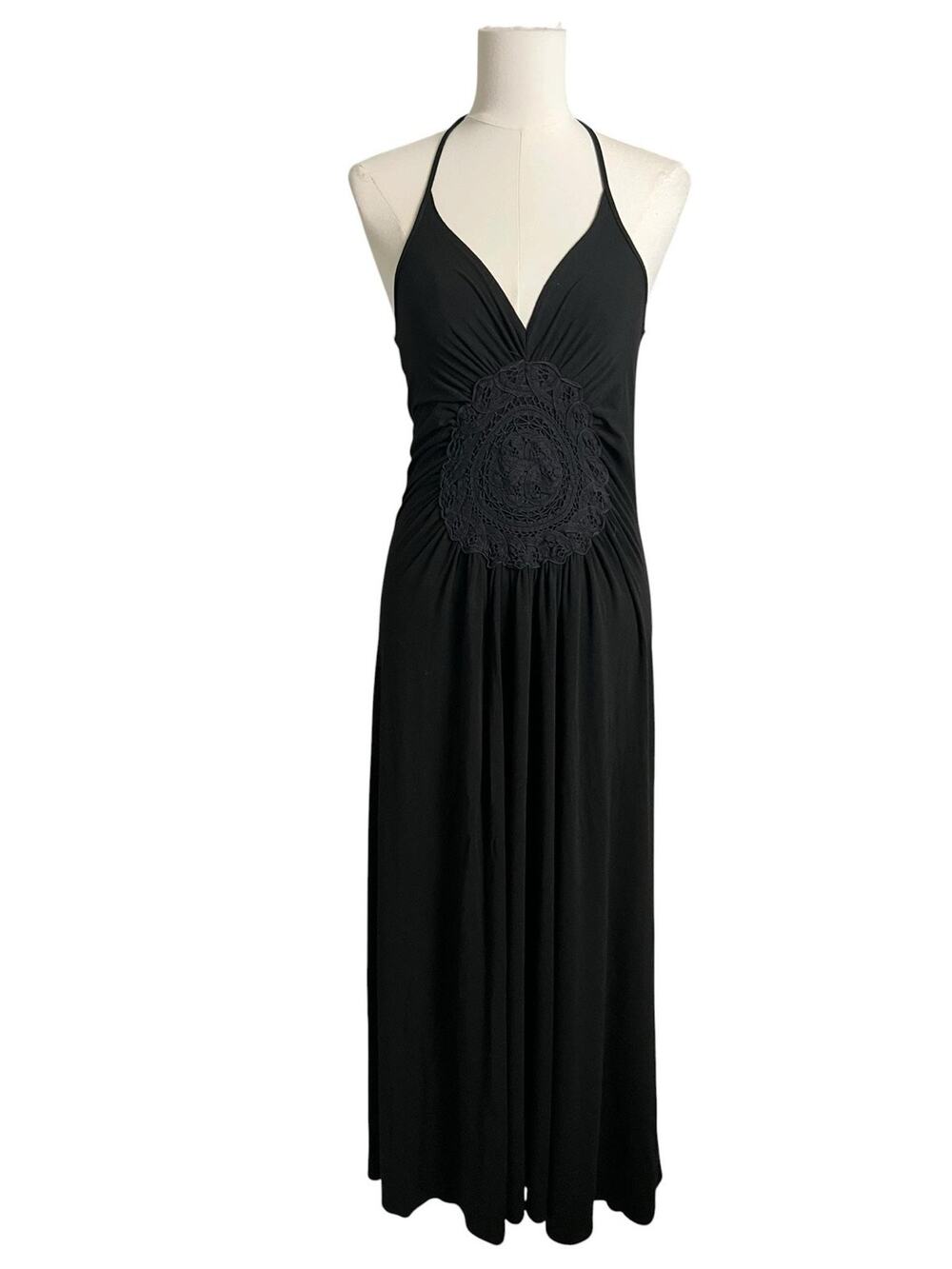Shine Halter Maxi Dress Womens M Black Crochet Medallion Boho Summer Stretch